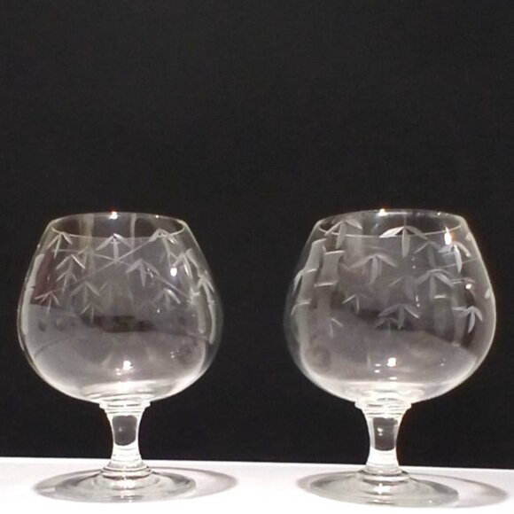 Vintage 70s Noritake Etched Glass Brandy Snifters Set Of 2 Bamboo Japan Asian - Picture 4 of 4